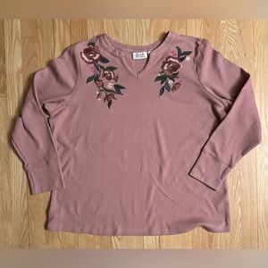 Vintage Pink Thermal Long Sleeve Top Embroidered Floral Boho, Size XL